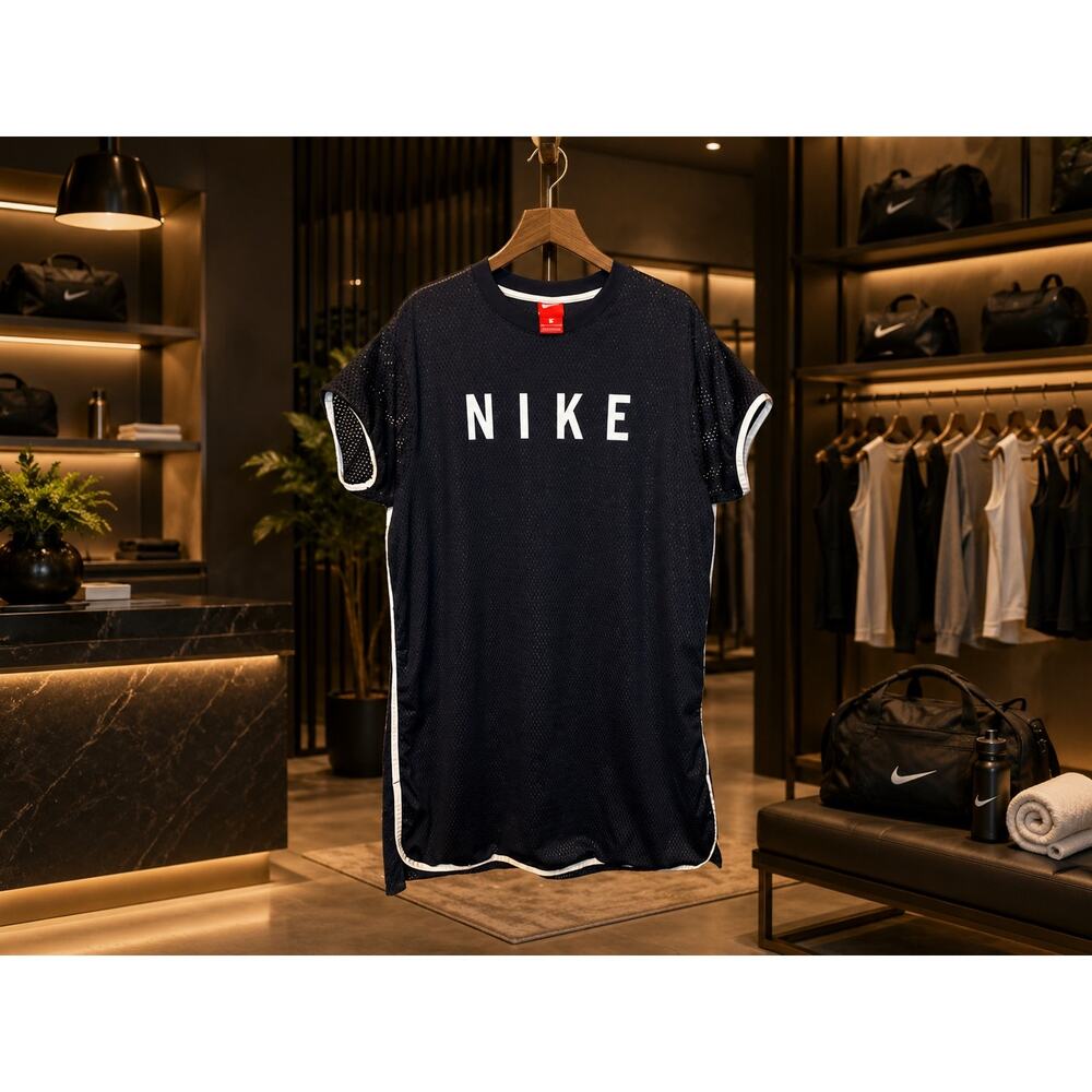 Nike Black Mesh Logo Dress Medium Athleisure Sporty T Shirt Dress Casual Travel